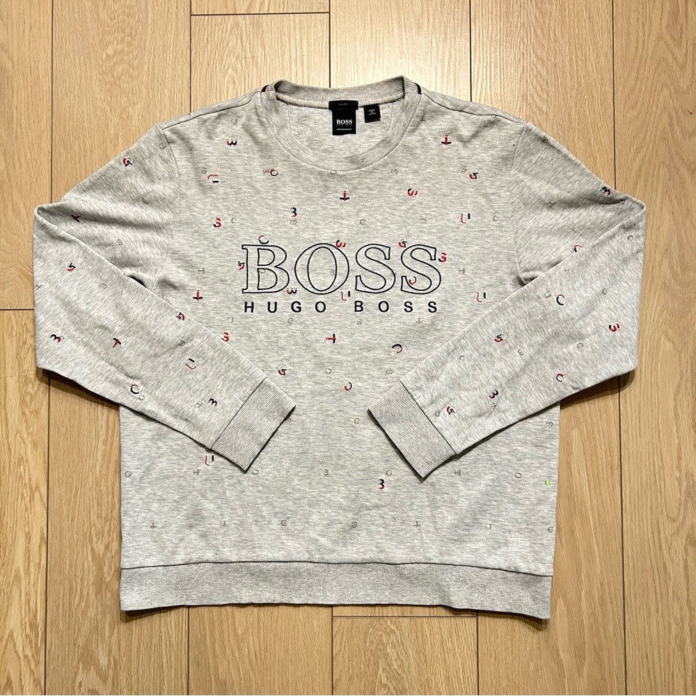 Hugo Boss Crewneck Sweatshirt Grey All Over Letter Logo Print Medium